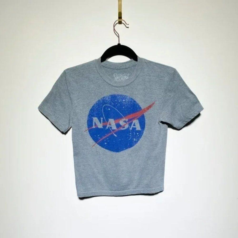 Chemistry Womens NASA Logo Crop Top T-Shirt Grey Graphic Tee Size M